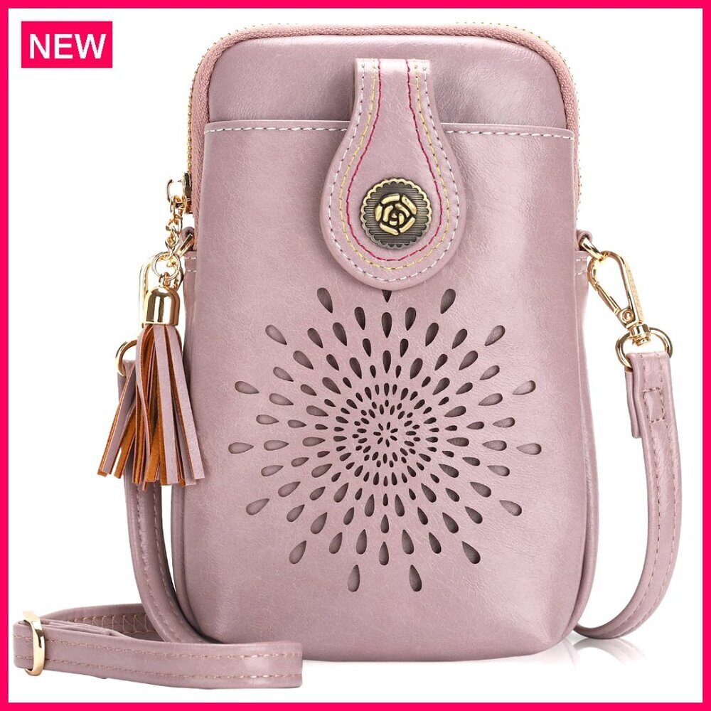 Small Vegan Leather Crossbody Bag with Tassels, 3 Pockets, Phone Purse